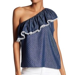 Parker One-Shoulder Chambray Dot Blouse